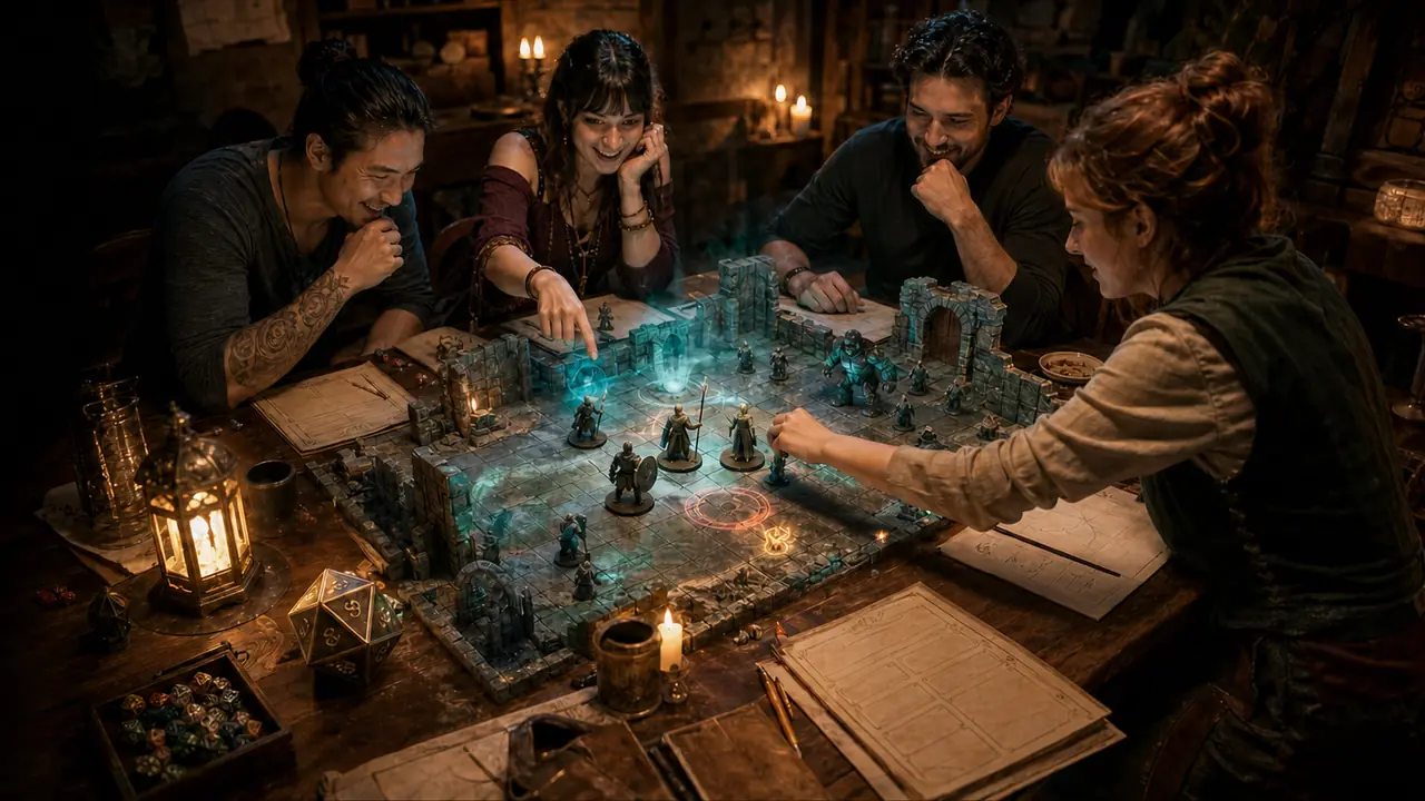 Quatro pessoas jogam RPG num tabuleiro de fantasia com miniaturas, dados e luz teal.