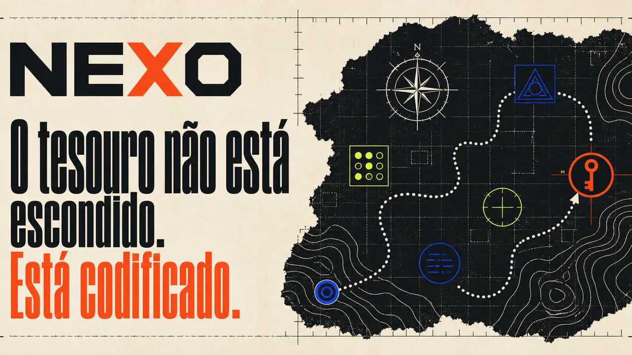 Cartaz do NEXO: à esquerda, O tesouro não está escondido. Está codificado; à direita, mapa com rota e símbolos de enigmas.